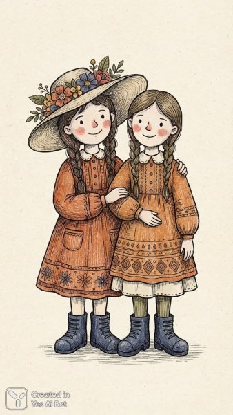 Две девочки в ярких нарядах: наивный рисунок с народными мотивами и минимализмом. Нейросеть Nano Banana