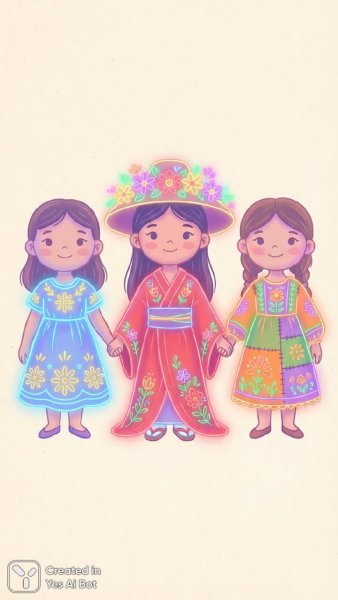 Девичья нежность в неоновых красках: иллюстрации в народном стиле. Генерация из нейронной сети Нано Банана