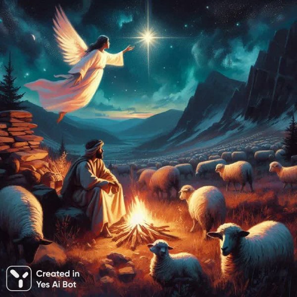 Ночная сцена с пастухами и ангелом под звездным небом. Нейросеть Dalle 3