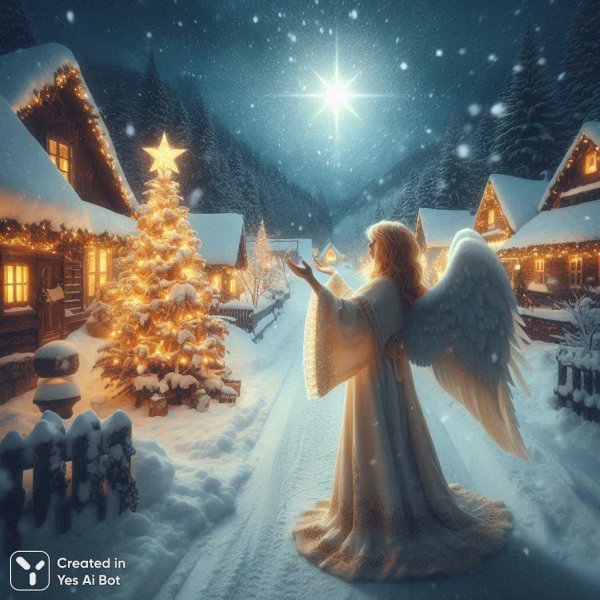 Зимняя сказка: ангел, звезда и волшебство в заснеженной деревне. Картинка из нейросети Далли 3
