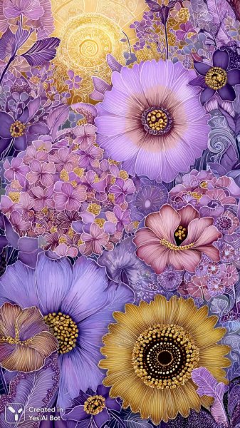 Яркий наивный стиль: цветочный узор с необычными элементами и кругами. Картинка из нейронной сети Midjourney