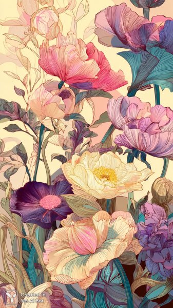 Яркий букет фантазий: игривые цветы и смелые линии на светлом фоне. Изображение из нейронной сети Midjourney