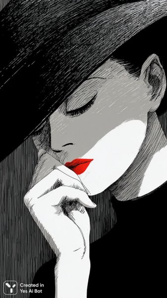 Взгляд сквозь чёрно-белый мир: женщина и алая помада под огромной шляпой. Нейросеть Миджорни