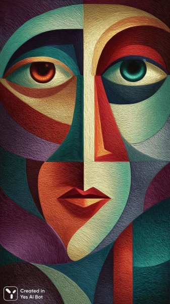 Лицо из геометрических форм в ярких красках. Генерация из нейронной сети Миджорни