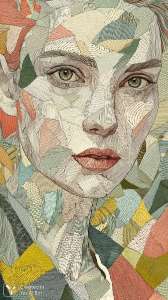 Яркий портрет женщины в абстрактном стиле с необычными формами и цветами. Изображение из нейронной сети Midjourney