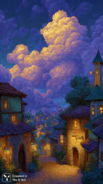 Ночная деревня в народном стиле: уют и сказочные краски. Изображение из нейросети Миджорни