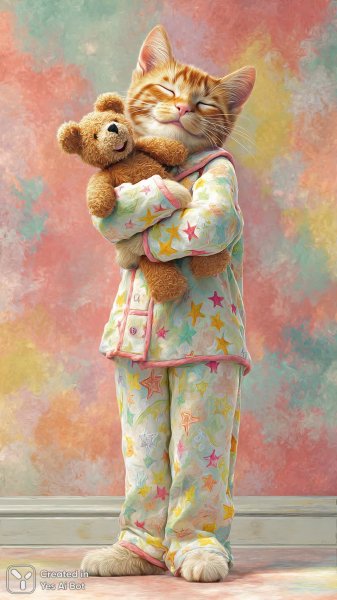 Забавный кот в пижаме с мишкой и большим животиком. Изображение из нейросети Midjourney