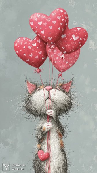 Забавный котик с розовым носом и воздушными шарами в стиле минимализм. Нейросеть Midjourney