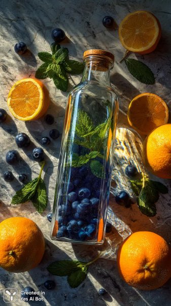 Свежесть и здоровье: фрукты, травы и стильная бутылка воды. Нейросеть Миджорни