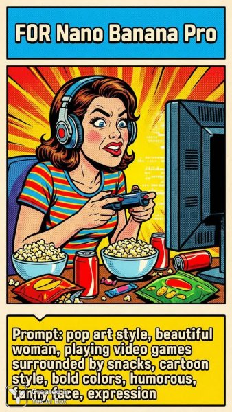 Яркий поп-арт: красивая девушка играет в видеоигры с закусками и забавным выражением лица. Нейросеть NanoBanana