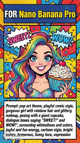 Яркий поп-арт: девушка с радугой и огромным кексом. Изображение из нейросети Nano Banana