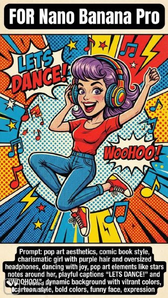 Яркая девушка в стиле поп-арт танцует с радостью и наушниками. Картинка из нейросети Nano Banana