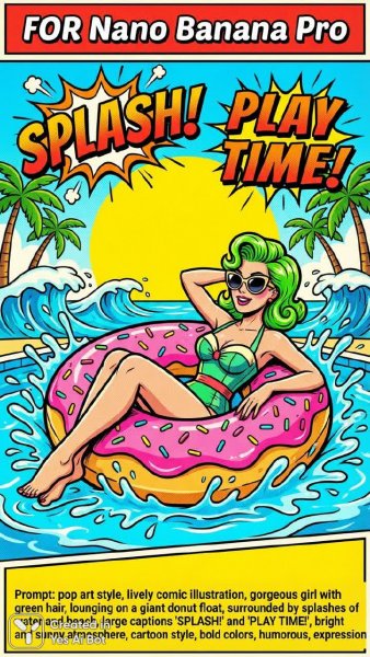 Яркий поп-арт: красотка с зелеными волосами на гигантском пончике. Картинка из нейронной сети Nano Banana