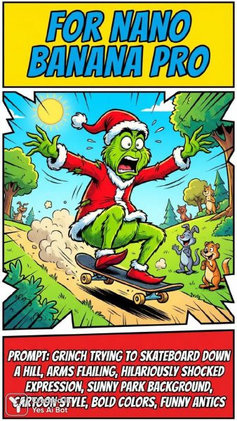 Гринч на скейтборде: безумное приключение в ярком мультяшном стиле. Генерация из нейросети Nano-Banana
