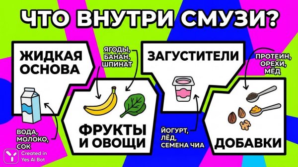 Сочные смузи: рецепты и секреты приготовления в ярком дизайне. Картинка из нейросети Nano Banana