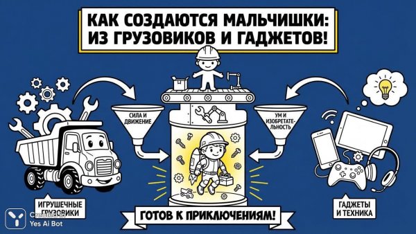 Как рождаются мальчики: инструкция из грузовиков и гаджетов. Картинка из нейронной сети NanoBanana