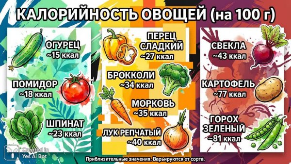 Калорийность овощей: наглядный гид в граммах с яркими иллюстрациями и стильным дизайном. Изображение из нейронной сети Nano Banana