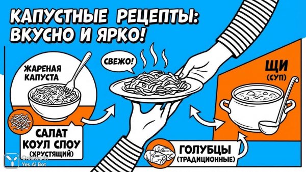 Капустные шедевры: рецепты с яркой иллюстрацией и стильным дизайном. Картинка из нейросети NanoBanana