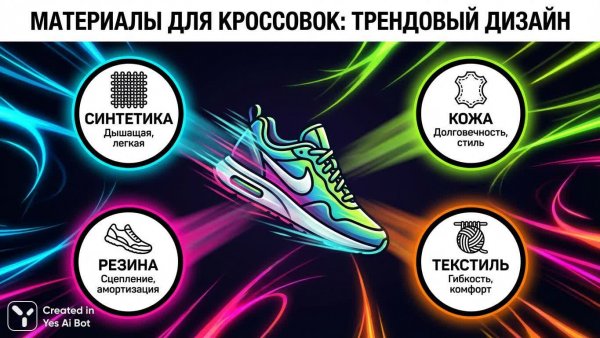 Создание стильной инфографики о материалах для кроссовок: яркие цвета и динамика. Нейросеть NanoBanana