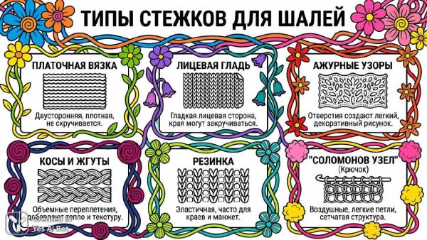 Вязание шали: виды петель и узоры с цветами. Генерация из нейронной сети Nano Banana