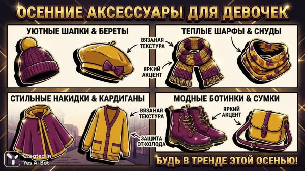 Осенние аксессуары: стиль и глубина в фиолетово-горчичных тонах. Картинка из нейросети Нано Банана