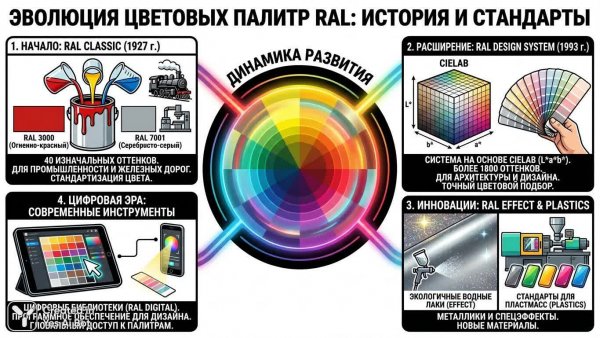 История RAL: Палитры и Смешения Цветов в Яркой Инфографике. Изображение из нейронной сети Нано Банана