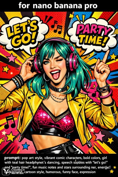 Яркий поп-арт: танцующая девушка с бирюзовыми волосами и зажигательной энергией. Изображение из нейросети Sora Image