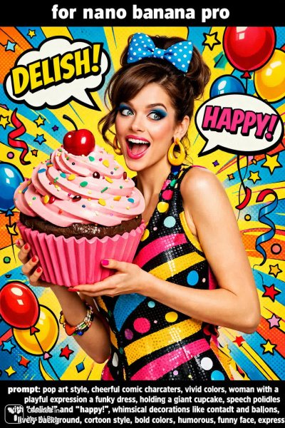 Яркий комикс: женщина с улыбкой и гигантским кексом. Нейросеть Sora