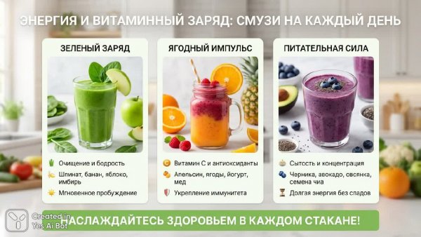 Яркий заряд бодрости: полезные смузи для ежедневной энергии. Картинка из нейросети NanoBanana