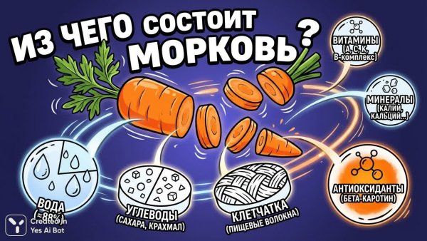 Состав морковки: красочная инфографика с эффектом левитации и яркими иллюстрациями. Картинка из нейронной сети Нано Банана