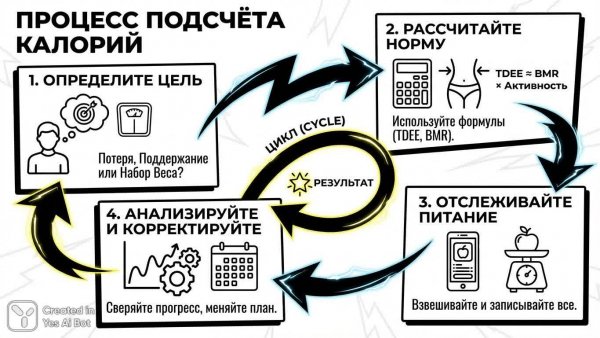 Подсчет калорий: пошаговая инструкция в яркой инфографике. Картинка из нейронной сети Nano Banana