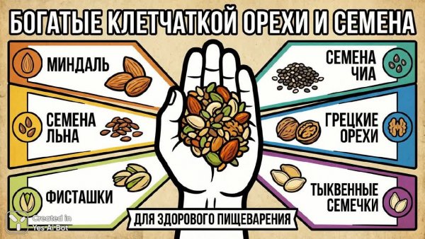 Яркая инфографика о орехах и семенах: кладезь клетчатки для здоровья и энергии. Изображение из нейросети Nano-Banana