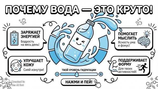 Вода – источник здоровья и бодрости: яркая инфографика для вашего вдохновения. Картинка из нейронной сети Нано Банана