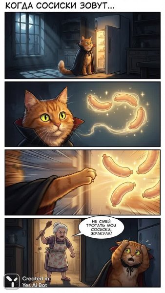 Рыжий Дракула и таинственные сосиски: кошачий кошмар на кухне. Нейросеть NanoBanana