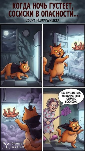 Ночной охотник Флаффивискер и опасные сосиски: комическая история о коте-вампире. Нейросеть Nano-Banana