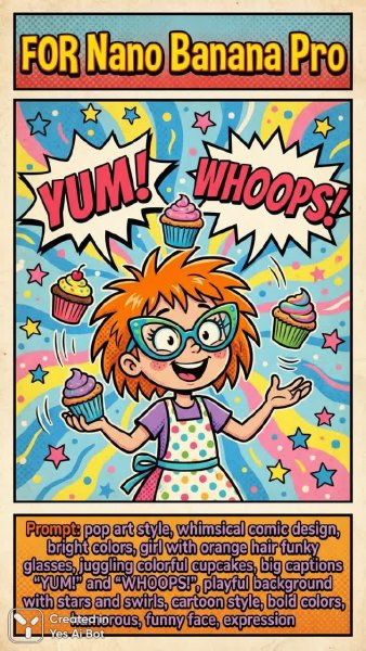 Яркий поп-арт: девушка с оранжевыми волосами и забавные капкейки. Генерация из нейросети NanoBanana