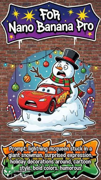 Яркий баннер в стиле граффити: Nano Banana Pro и Lightning McQueen в снегу. Картинка из нейросети Nano-Banana
