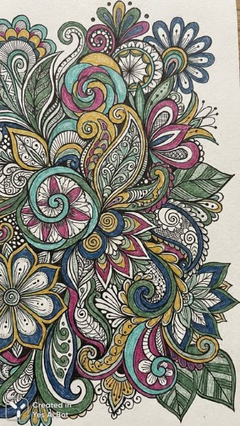 Зентангл: Волшебный сад стилизованных цветов и листьев. Картинка из нейросети Нано Банана