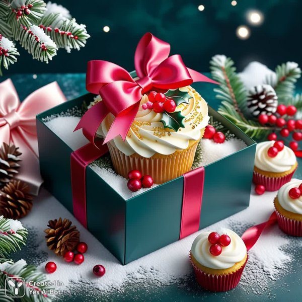Роскошные капкейки в розовой коробке: зимнее праздничное настроение и изысканный десерт. Нейросеть Stable Diffusion