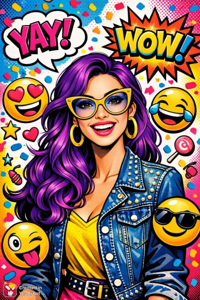 Яркий мир поп-арта и комиксов: веселая девушка с фиолетовыми волосами в забавных очках. Генерация из нейронной сети Sora images Ai