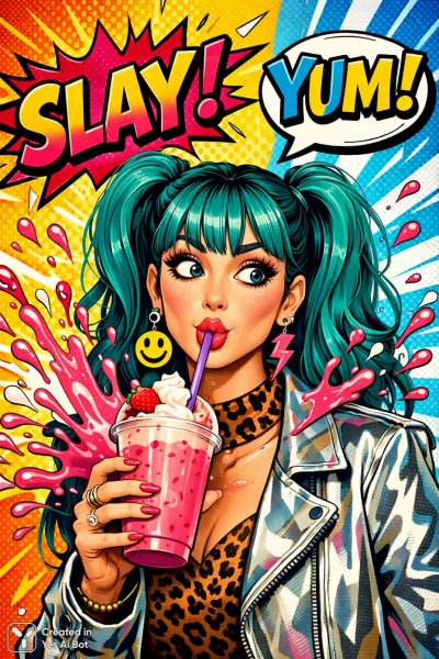 Яркий поп-арт: стильная девушка с необычным настроением и вкусным смузи. Нейронная сеть Sora Image