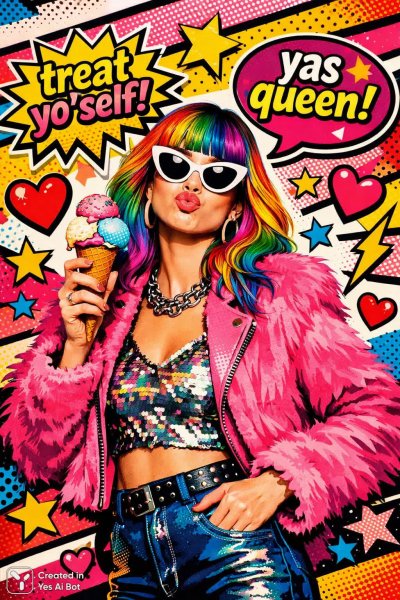 Яркий поп-арт: стильная девушка с радужной прической и вкусным мороженым. Картинка из нейронной сети Sora Ai Images