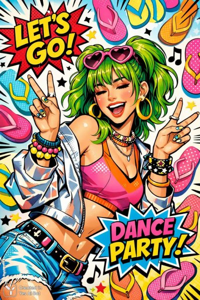 Веселье в стиле поп-арт: танцующая девушка с зелеными волосами и яркими акцентами. Нейросеть Sora Ai Images