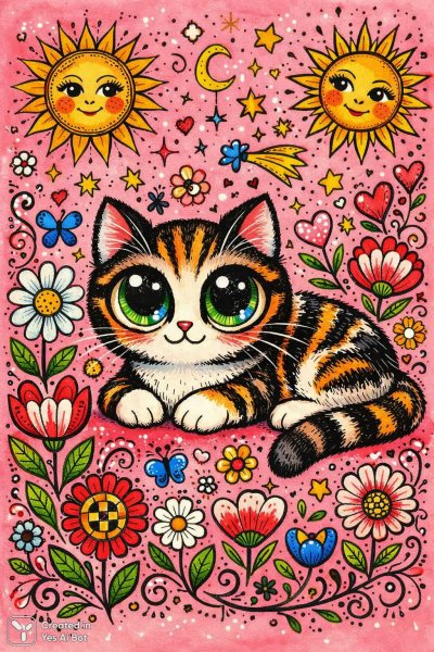 Загадочный кот в мире ярких цветов и фантазийной иллюстрации. Картинка из нейронной сети Sora