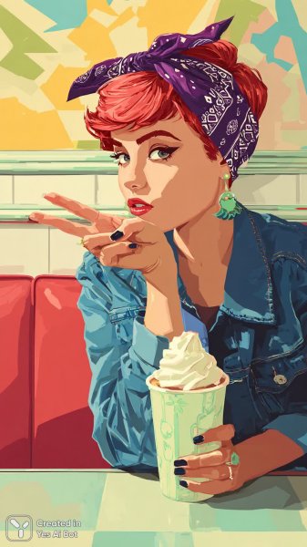 Яркая девушка в кафе с огненной стрижкой и стильным образом. Нейронная сеть Midjourney