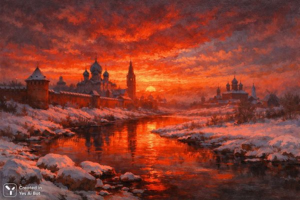 Суздальский рассвет: вдохновение Куинжи и магия света в пейзаже. Генерация из нейросети Sora Images