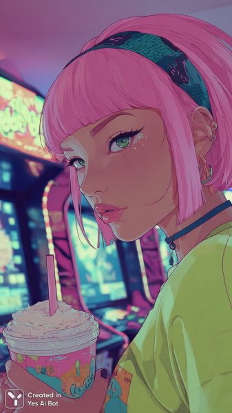 Яркая девушка в стиле ретро аркады: цифровой портрет в духе Y2K и vaporwave эстетики. Генерация из нейросети Midjourney