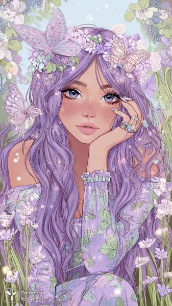 Волшебница в цветущем саду: сказочный портрет с бабочками и цветами. Картинка из нейронной сети Миджорни