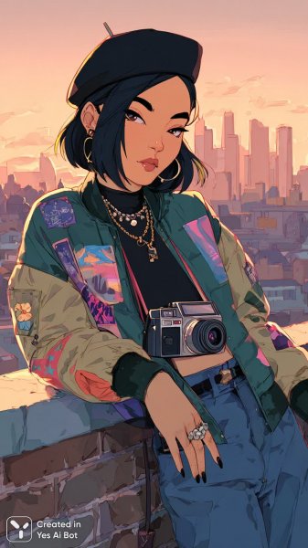 Городской закат и дерзкая красотка с полароидом в стиле Y2K. Генерация из нейронной сети Midjourney