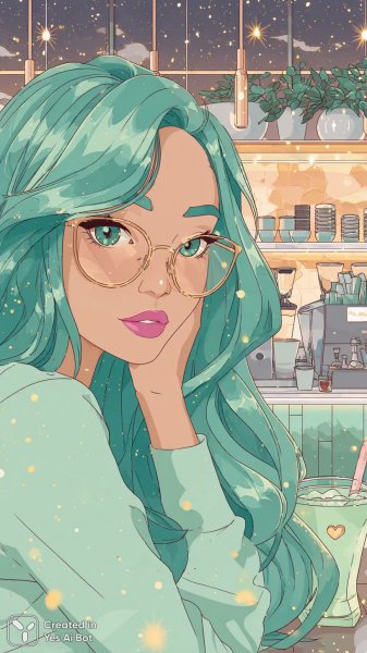 Модная девушка в уютном кафе под звездным небом. Изображение из нейронной сети Midjourney